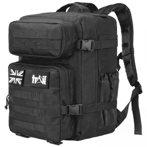 Trail Tactical Backpack, 30L, Black | Military Army Style Rucksack, MOLLE System, Laptop Sleeve, Full Clamshell Opening, Padded Back & Adjustable Chest Strap
