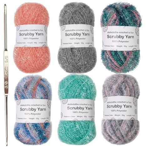 Scrubby garn - 110 m disktrasa virkad stickatråd, polyester texturerad sladd | 6 rullar Multipack Multipack Beige Grön Bländar Färger sbad Rengöringssvamp Skurmaskin Hantverkstillbehör