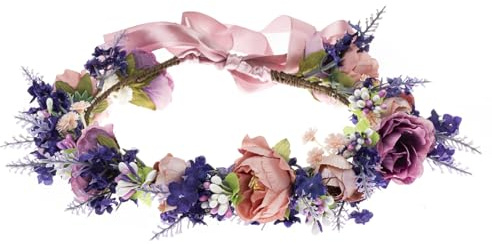 Merroyal Corona di fiori verdi, eucalipto, foglia, floreale, stile bohémien, per matrimoni (fiore viola e rosa)