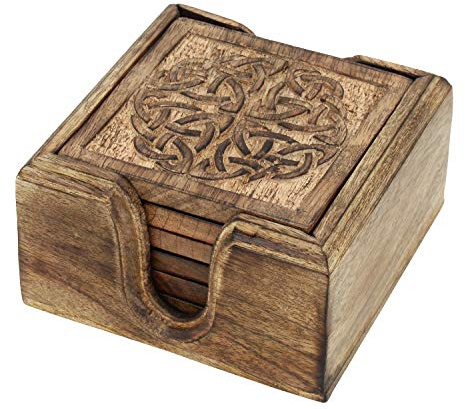 Ajuny Set De 6 Posavasos De Madera Con Soporte - Hechos a Mano, Diseño Celta - Antideslizantes y Resistentes Al Calor Protector De Mesa para Café, Té, Mugs y Vasos - Decor Hogar Cocina, Regalo 12,7 cm
