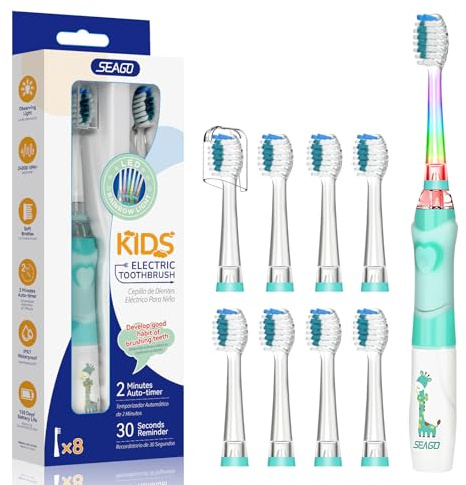 Seago Enfants Brosse À Dents Électrique pour 3-12 Ans avec Minuteur Intelligente et Lampes à LED de Couleur et 8 Douces Têtes de Brosse pour Kids Filles et Garçons SGEK6/SG977 (Vert FR)