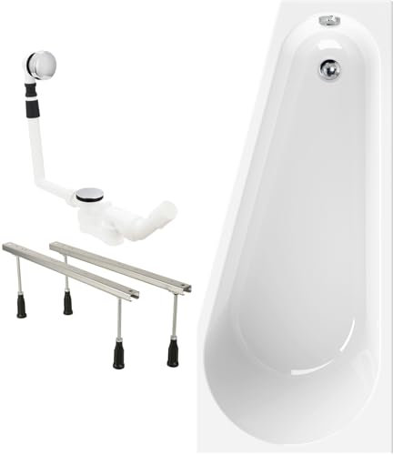 Calmwaters® Raumsparende Eckbadewanne 160x70 cm Essential Small, Made in EU, 3in1 Acryl-Badewanne mit Wannenfüßen & Ablaufgarnitur, platzsparende Badewanne linke Ausführung, 160 x 70 cm, Weiß