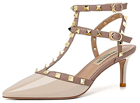 WOkismD Womens Closed Toe Kitten Heels Punta a Punta Sexy Slingback Tacco Medio Décolleté Moda Rivetto con Borchie Cinghie a T Tacchi a Spillo Abito da Sposa Scarpe da Sposa,Beige,40