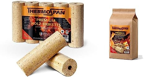 zbs24 Premium Holzbbriketts 10 kg - Thermospan Weichholzbriketts mit optimierter Rundform mit Loch - zum Heizen für Kamin Grill Heizung - inkl. 1 kg Anzünder Premium