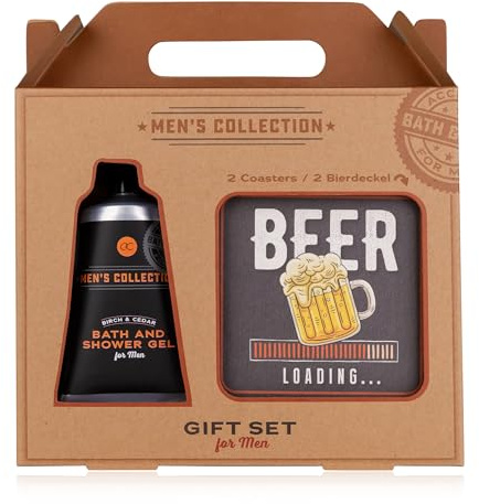 Accentra Geschenkset MEN'S COLLECTION in Geschenkbox aus Kraftpapier mit Griff, inkl. 60ml Badegel und Duschgel, 2x Bierdeckel eckig, Duft: Birke & Zeder - braun