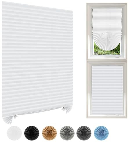 Temporary Blinds Stick On Cut to Size Non-woven Fabric No Drill Self Adhesive Pleated Paper Window Shades for Bedroom Kitchen Bathroom Windows Patio French Doors (1, White, WxH 120x180cm)