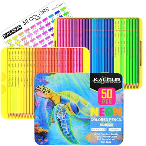 KALOUR PDAS 50 Neon Colored Pencils for Adult Coloring Books, Fluorescent colored Professional Drawing pencils Set Art Supplies Kit for Adults Beginners Artists, Soft Core