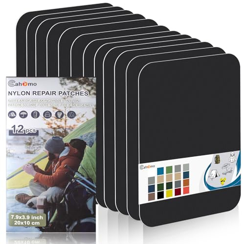 Cahomo Nylon Reparatur Patches, 12 Stück 20x10 cm Selbstklebender Wasserdichte Reparatur Patch, Daunenjacke Flicken Reparaturset，Nylon Flicken Selbstklebend, für Jacken, Zelte, Daunenjacke-Schwarz
