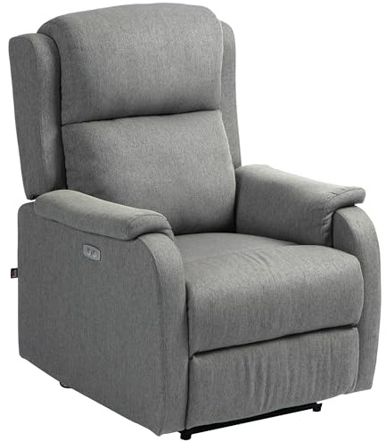 HOMCOM Poltrona Relax Elettrica con Poggiapiedi e Presa USB, Poltrona Reclinabile Elettrica 160° in Tessuto effetto Lino, Legno di Pioppo per Soggiorno, Salotto e Camera da Letto, Grigio Chiaro