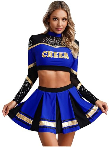 iEFiEL Damen Cheer Leader Kostüm Cheerleading Uniform Langarm Crop Top Bauchfrei Oberteile Und Minirock Metallic Faltenrock Blau S