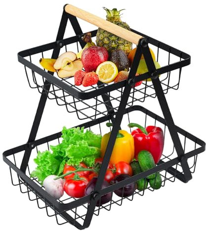 MaxEarn 2-Tier Fruit Basket Stand with Wooden Handle, Large Capacity Detachable Fruit Bowl Rack, Metal Vegetable Storage Rack Holder for Home Kitchen Office Vegetable Snacks Bread