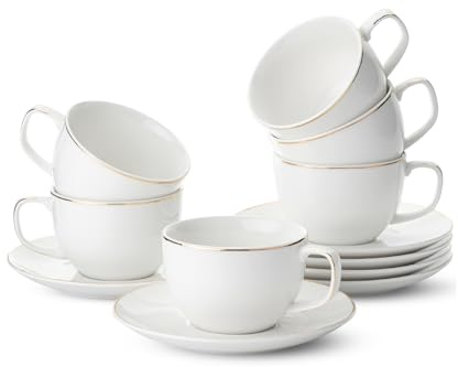 BTaT- Cappuccino Cups with Saucers 7 oz, Set of 6, White Porcelain Coffee Cup and Saucer Set for Latte with Golden Trim Design, Dishwasher Safe, Mocha, Tea, Au Lait, Flat White