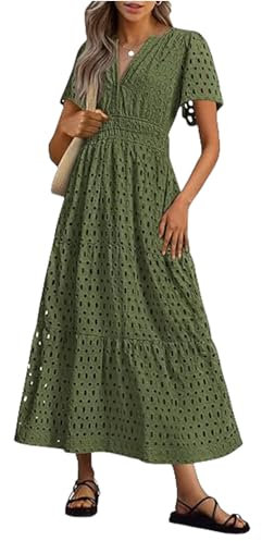 Summer Maxi Dresses for Women UK Wedding Guest Dress Short Sleeve Casual Boho V Neck Hollow Out Eyelet Ruffle Swing A Line Cotton Long Flowy Beach Vacation Evening Dresses Army Green
