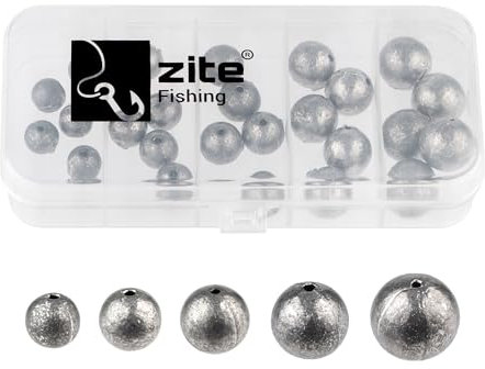 Zite Fishing Lochblei Sortiment 30 Stück | 5–20 g Kugelbleie mit Schnurkanal | Grundblei für Vorfachmontage | In Sortierbox für Ordnung | Für Grund- & Strömungsangeln