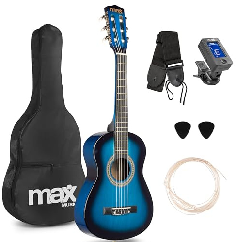 MAX SoloArt Junior 1/4 guitarra clásica infantil azul con cuerdas de nailon, set iniciación con funda, correa, púas, cuerdas extra y afinador digital