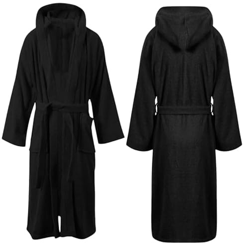 Unisex Egyptian Cotton Bath Robe 100% Luxury Terry Towelling Dressing Gown Soft Hooded or Shawl Neck Loungewear Housecoat for Men Women- Hooded Black