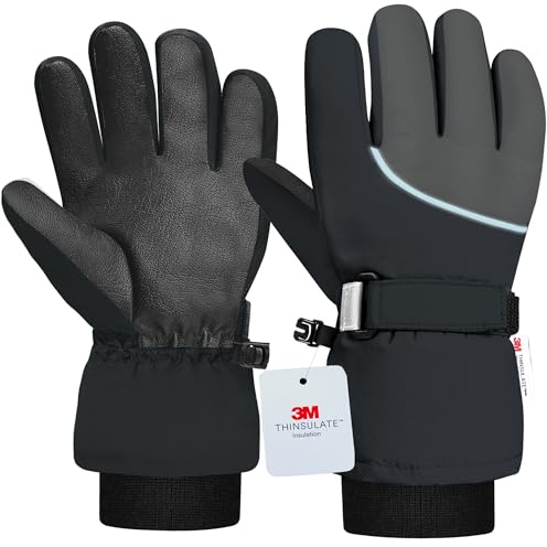 Origem Guanti Neve Invernali Bambino Bambina, 3M Thinsulate Impermeabili Guanti Sci Termici con Touchscreen a 5 Dita Riflettenti Antiscivolo per Bambini 4-14 anni Snowboard Sciare Calcio Bici