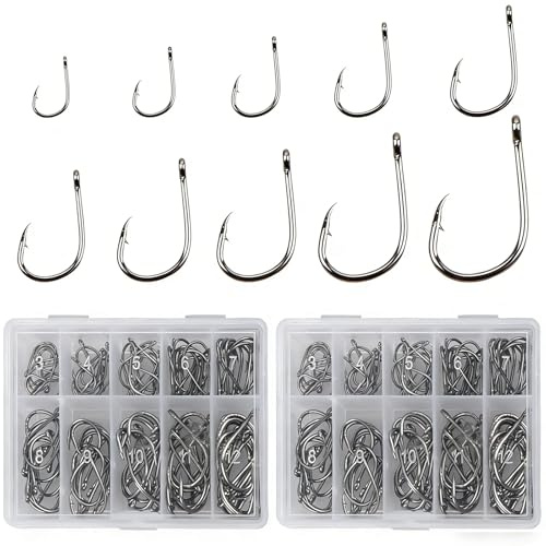 200 Pièces De Pêche D'Hameçons, Hameçon, Matériel De Pêche, Hameçons Barbelés en 10 Tailles, 3-12, Perforé, avec Boîte De Rangement, Adapté Aux Poissons d'eau Douce, Rivières, Lacs,Étangs (Noir)