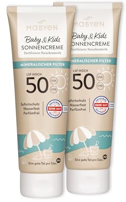 MABYEN Crema solare minerale al 100% Baby & Kids SPF 50, 2 x 100 ml, crema solare per bambini con filtro minerale UVA/UVB, protezione immediata senza tempo di posa – impermeabile, senza profumo