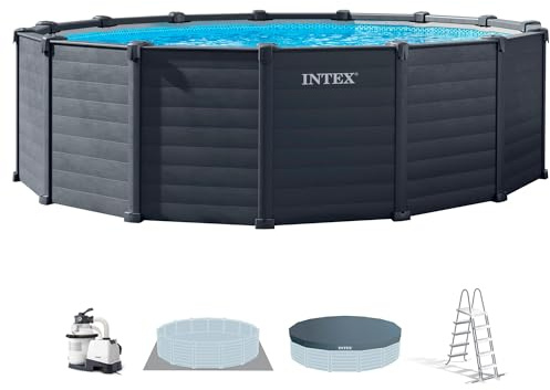 Intex - Piscina Desmontable, Graphite Grey Panel, Gris Grafito, D478x124 cm, Capacidad 16.805 l, Escalera, Tapiz, Cobertor, Incluye depuradora, Montaje 120 Minutos, Conexiones Ø38 mm (56088)