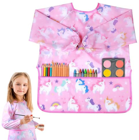 GXGM 1 Piezas Delantal Infantil Impermeable 3-8 Años Niños y Niñas, Bata Pintura Infantil con 3 Bolsillos y Mangas Largas, Babis Escolares para Pintura,Tema Unicornio Dinosaurio y Animal