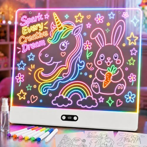 LED Drawing Board for Kids, 16 Inch Rechargeable Light Up Note Board, 8 Colors & 3 Dynamic Modes, 6 Brightness, Dry Erase Glow Art Pad with Stand, Birthday Gifts,Home,Office for Girls & Boys