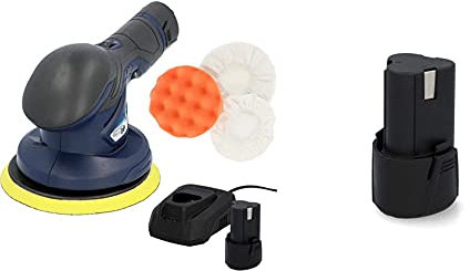 cartrend 10699 Akku Poliermaschine,2.500-5.000 U/Min (6 Stufen), Wechselakkus 12V, 2X Polierhauben, 1x Polierschwamm, Tellerdurchmesser 150 mm & 12 Volt Ersatzakku Poliermaschine