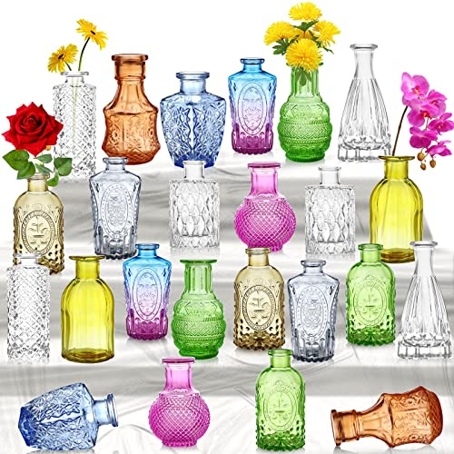 Set di 24 vasi in vetro, piccoli vasi per fiori, vasi singoli colorati in massa, mini vasi rustici decorativi per centrotavola, bottiglie di vetro vintage per matrimoni, casa, decorazione da tavolo