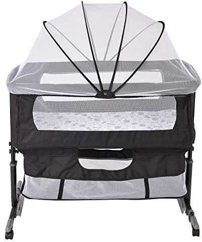 HUOLE sidosäng baby med förvaringskorg, lätt att fälla ihop bärbar barnsäng, justerbar bärbar säng för spädbarn/nyfödda, 92 x 58 x 70–90 cm – svart