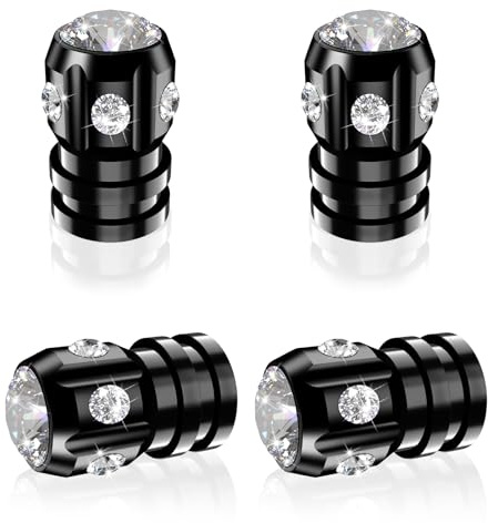 QUARKACE Bling Tyre Caps with Sparkly Rhinestones - Crystal Diamond Car Valve Stem Covers - Luxury Air Leakproof Dust Caps - Universal Fit for Car, Bike, Motorcycle - 4 Pack Gift Box (Black)
