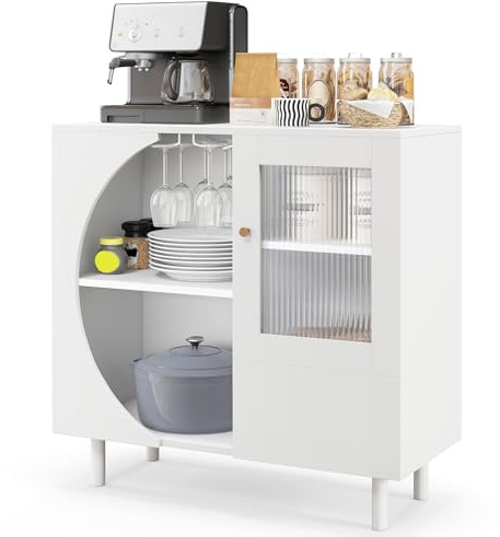 TANGZON Storage Cabinet, Wooden Kitchen Sideboard with Glass & Flip Down Doors, Shelves, Glasses Holders and Anti-Tipping Device, Floor Standing Buffet Cupboard Unit for Dining Living Room Hallway