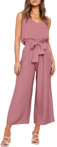 FANCYINN Damen Sommer Zweiteiliges Outfit Jumpsuit Festlich Hochzeit Lang Hosenanzug Ärmelloses Rundhals Tanktop Gekürzte Weites Bein Hose Playsuit Helles Kirschenrosa L