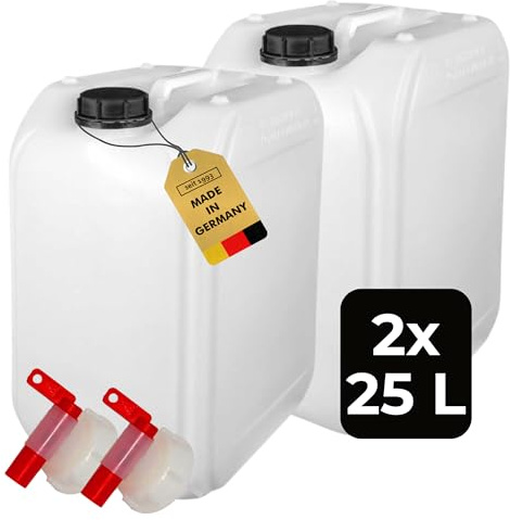 ABACUS® 2X 25 Liter Wasserkanister Natur | Chemiekanister | Auslaufhahn und Deckel (DIN 61) | Lebensmittelecht | Indoor und Outdoor | BPA Frei | Säurefest | Mit Skala zum Ablesen des Füllstands