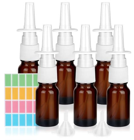 RISF 6 Stück Nasenspray Flasche Leer, 10ml Nasensprayflasche Leer Glas, Braun Nasen Sprühflaschen, Nasenspray Zerstäuber Nachfüllbare mit Trichter und Etikett für Parfüm, Kochsalzlösung
