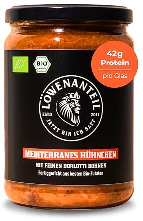 Löwenanteil - 100% Bio MEDITERRANES HÜHNCHEN - 570g Glas - Proteinreiches Fertiggericht mit bestem Hühnchen - Ohne Zuckerzusatz & Glutenfrei