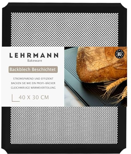 LEHRMANN Perforerad plåt 40 x 30 cm med non-stick-beläggning bakplåt passar nästan alla bakugnar, kakplåt, baguetteplåt, pizzablåd, kompartibel/ersättning för ugn, AEG Bosch Neff Siemens