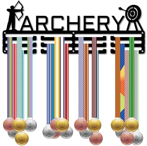 CREATCABIN Porta Medaglie Tiro L'Arco Porta Medaglie Sportive Espositore Arco e Frecce Ganci in Ferro Parete Appendere più 60+ medaglie Medaglia Corridore Ginnastica Maratoneta Regalo 40x15cm