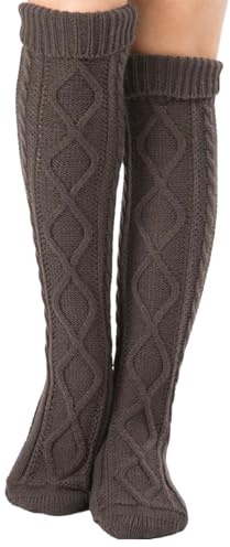 Dinglong Chaussettes en Dentelle pour Femmes, Jambes en Laine Tricotées Sur Le Genou, Chaussettes de Sol de Noël, Chaussettes Hiver Femme, Chaussettes Hautes Rayées, Chaussette Haute Blanche