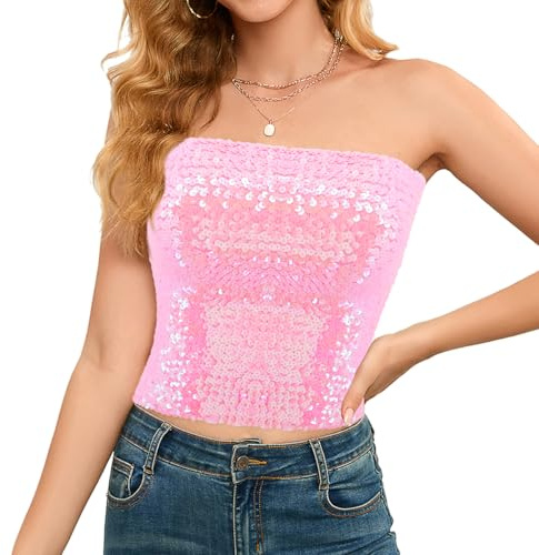 Naimo Top de mujer con lentejuelas Crop Top Sin Mangas Tubo Top Sin Tirantes Elásticos Camiseta Sexy Top Brillante, rosa claro, Talla única