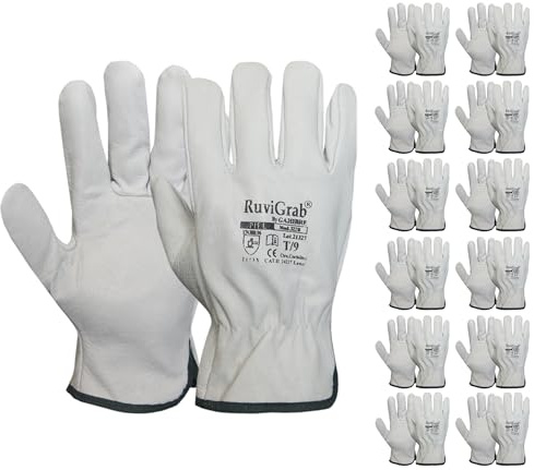 Ruvigrab - Pack 12 pares - Guante de Trabajo Piel, Guantes jardin, Guantes Cuero, Guantes para Obra, Guante trabajo hombre y mujer