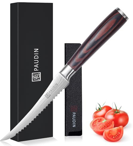 PAUDIN Serrated Tomato Knife 5 inch, Ultra Sharp Fruit and Bread Knifes, Small Kitchen Knife for Tomato Fruit Cake Pastry Sandwich, German Stainless Steel Blade with Ergonomic Pakkawood Handle