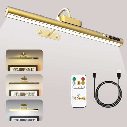 Rechargeable Picture Light with Motion Sensing, 4000mAh Battery Operated Wall Light with Timer & Memory & 3 Color Temps & Brightness Adjustable, Wall lamp for Dartboard Photo Mirror (15.7”, Gold)