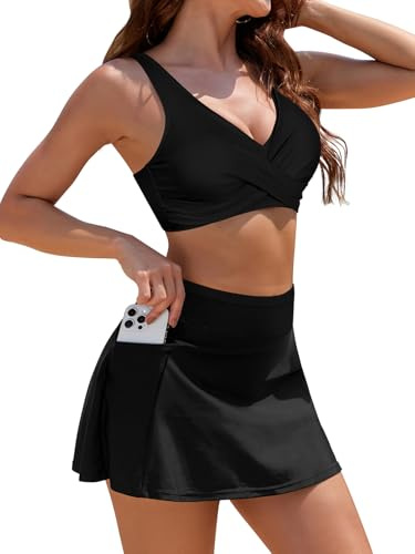 SHEKINI Femme Maillots de Bain Deux Pièces Push-up Ensembles Chic Taille Haute Bikini Set Col V Élégant Tankinis Jupe Courte avec Poches