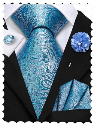 Hi-Tie Blue Silk Men's Tie Set 4 PCS Paisley Necktie and Pocket Square Cufflinks Lapel Pin Jacquard Ties for Wedding