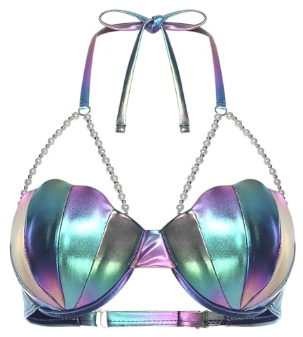 winying Donne Bikini Reggiseno Top Halter Collo Perle Catene Sheel Forma Leggero Imbottito Reggiseno Sirena Nuoto Top Costume da Bagno di Festa di Spiaggia