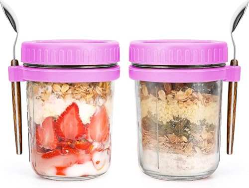 Gilen Overnight Oats Jars with Lids and Spoon, Overnight Oats Container, 10 Oz Glass Porridge Container to Go for Chia, Pudding, Milk, Cereal, Fruit, Yogurt, Salad,Cereal Meal Prep Jars(Purple+Purple)