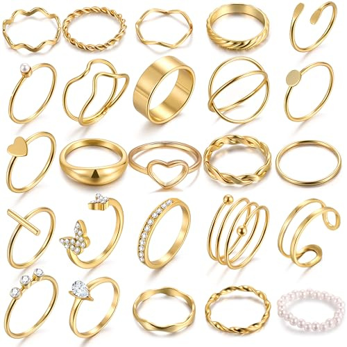 iF YOU 25 Pcs Gold Rings Set for Women, Thin Stackable Knuckle Finger Midi Rings, Simple Stacking Cute Ring Pack Trendy Stuff Jewelry Gift (Thin gold rings, size 4.5-8)