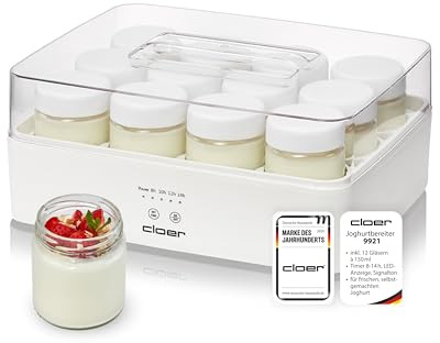 Cloer 9921 Yogurtiera per 12 vasetti, ciascuno da 150 ml di capacità, per yogurt e colture di fermentazione, timer, 8–14 ore, corpo in plastica bianca, 17 W, coperchio trasparente