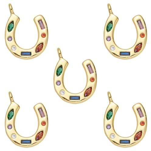 COGCHARGER 5 colgantes de herradura para pulseras, colgantes de latón chapado en oro de 18 quilates, con circonitas, juego de colgantes para manualidades, pulseras, collares, pendientes, accesorios