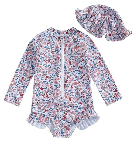 Maillot de bain d'été pour bébé fille avec motif floral fermeture éclair Rashguard à manches longues avec bonnet de bain, Rose, 6-12 mois
